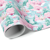 Snowy Pink Weihnachtshäuser Geschenkpapier (Rolleneckpunkt)
