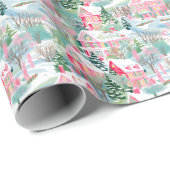 Snowy Pink Weihnachtshäuser Geschenkpapier (Rolleneckpunkt)