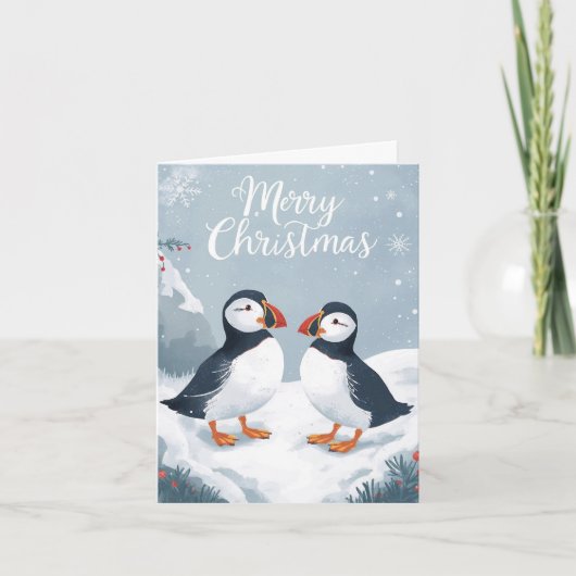 Snowy Puffins Christmas Card Feiertagskarte (Vorderseite)
