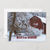 SNOWY RED BARN, HELLO FROM MICHIGAN! POSTKARTE (Vorne/Hinten)