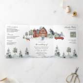 Snowy Red Barn Winter Weihnachten QR Code Hochzeit Dreifach Gefaltete Einladung (Innenseite)