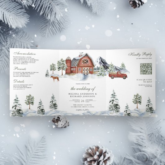 Snowy Red Barn Winter Weihnachten QR Code Hochzeit Dreifach Gefaltete Einladung