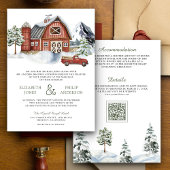 Snowy Red Barn Winter Weihnachten QR Code Hochzeit Einladung