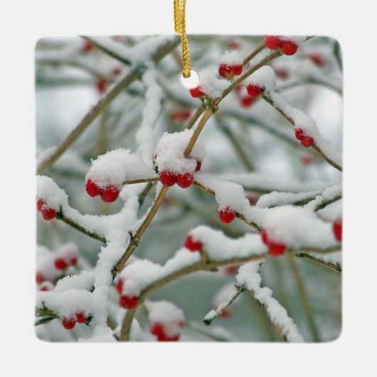 Snowy Red Berries Winter Scene Keramikornament (Vorderseite)