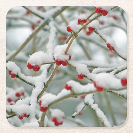 Snowy Red Berries Winter Scene Rechteckiger Pappuntersetzer (Vorderseite)