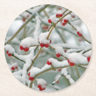 Snowy Red Berries Winter Scene Runder Pappuntersetzer