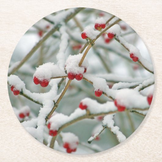 Snowy Red Berries Winter Scene Runder Pappuntersetzer (Vorderseite)