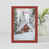 Snowy Red Cabin Holiday Card Feiertagskarte (Stehend Vorderseite)