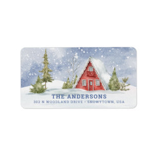 Snowy Red Cabin Label Adressaufkleber