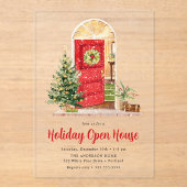 Snowy Red Door Holiday Open House Acryleinladungen (Vorderseite)