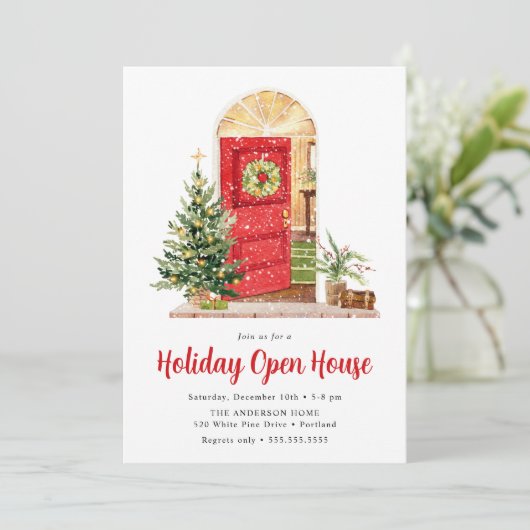 Snowy Red Door Holiday Open House Einladung (Stehend Vorderseite)