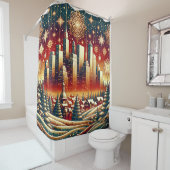 "Snowy Red Gold und Green Christmas Cityscape" Duschvorhang (Beispiel)