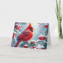 Snowy Red Winter Cardinal in Holly Feiertagskarte