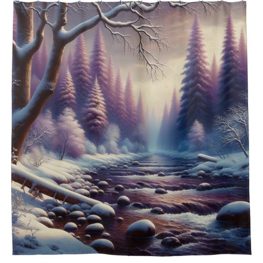 "Snowy River in Lavender Winterwald" Duschvorhang (Vorderseite)