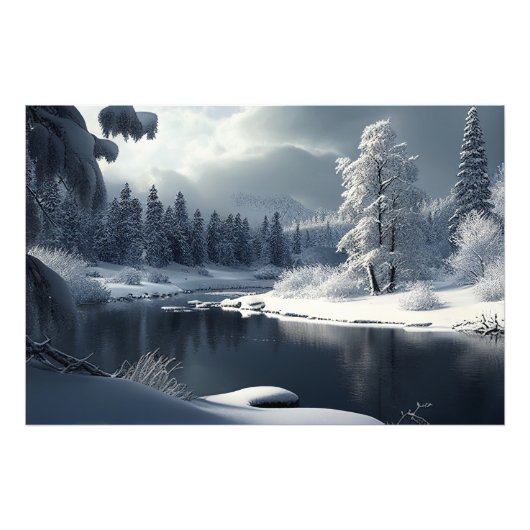 Snowy river landscape: a winter idyll fotodruck (Vorne)