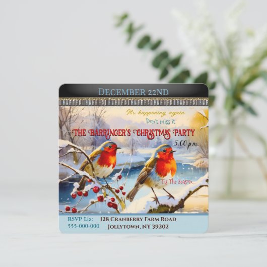 Snowy Robins Weihnachtszeit-Party Einladung (Stehend Vorderseite)