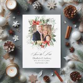 Snowy Rustic Pine and Spruce Winter Hochzeitsmagie Save The Date