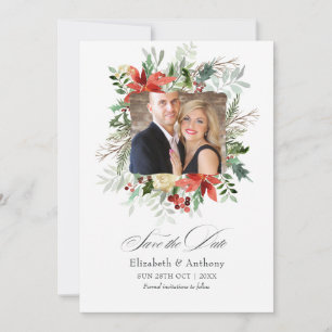Snowy Rustic Pine and Spruce Winter Hochzeitsmagie Save The Date