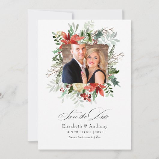 Snowy Rustic Pine and Spruce Winter Hochzeitsmagie Save The Date (Vorderseite)