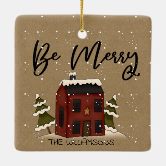 Snowy Saltbox House Primitive Country Add Name Keramikornament (Rückseite)