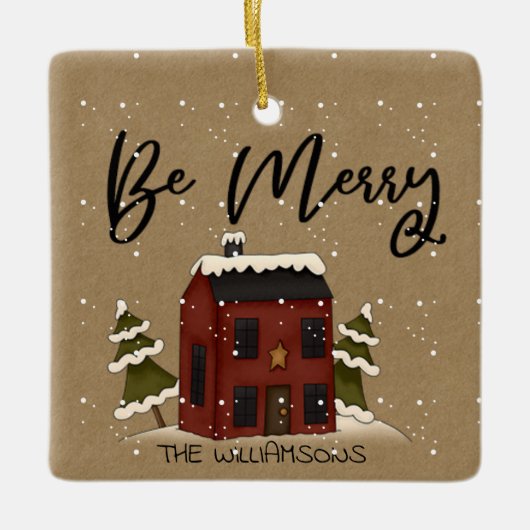 Snowy Saltbox House Primitive Country Add Name Keramikornament (Vorderseite)