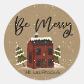 Snowy Saltbox House Primitive Country Weihnachten Runder Aufkleber (Vorderseite)