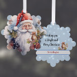 Snowy Santa Clause und Bird Watercolor Look Name Ornament Karte<br><div class="desc">Dieses Design besticht durch ein altmodisches Aquarellbild im Santa,  mit Vogelhäusern und Schneeflocken über ihm und einem hübschen gekrönten Vogel,  der sich anschaut. Auf der Rückseite hat die Karte den anpassbaren Text "wünscht euch frohe Weihnachten" mit Schneeflocken,  einem anderen Vogel und einem Banner für euren Namen.</div>