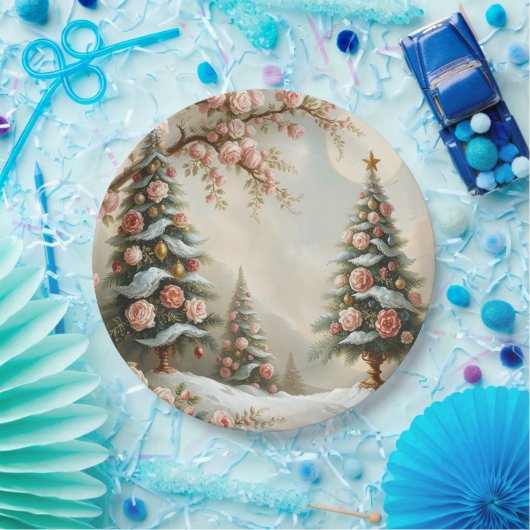 Snowy Scene with Christmas Trees and Pink Roses Pappteller (Party)