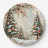 Snowy Scene with Christmas Trees and Pink Roses Pappteller (Vorderseite)