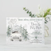 Snowy Silver Winter Elephant Drive by Birthday Einladung (Stehend Vorderseite)