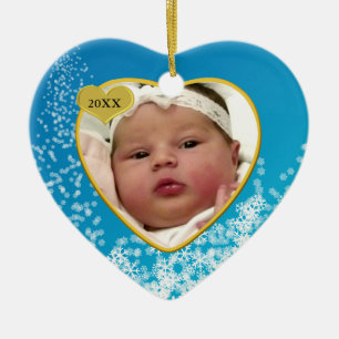 Snowy Sky Blue Baby's First Christmas Foto Herz Keramikornament