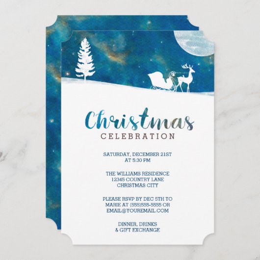 Snowy Sleigh Ride Aurora Borealis Weihnachts-Party Einladung (Vorne/Hinten)