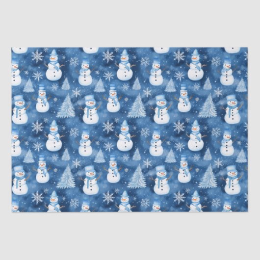 Snowy Snowmen Blue Winter Weihnachtsmuster Seidenpapier (Vorderseite)