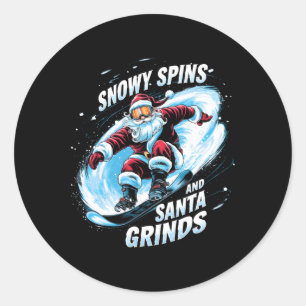 Snowy Spins Santa Grinds Snowboarder Weihnachtsfes Runder Aufkleber