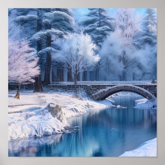 Snowy Stone Bridge, Serene Winter Landschaft Poster (Vorne)