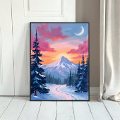 Snowy Summit Sunset | Winter Landscape Painting Poster