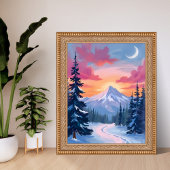 Snowy Summit Sunset | Winter Landscape Painting Poster