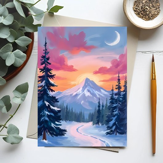 Snowy Summit Sunset | Winter Landscape Painting Postkarte