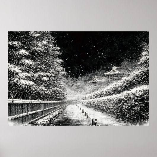 Snowy Temple Path at Night – Japanese Zen Wall Art Poster (Vorne)