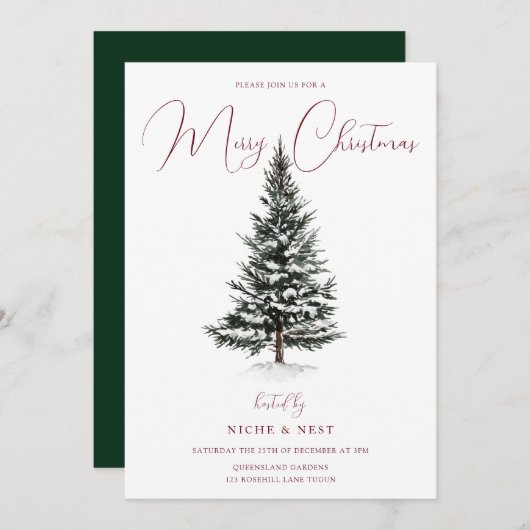 Snowy Tree Festliches Winter Weihnachtsfest Party Einladung (Vorne/Hinten)