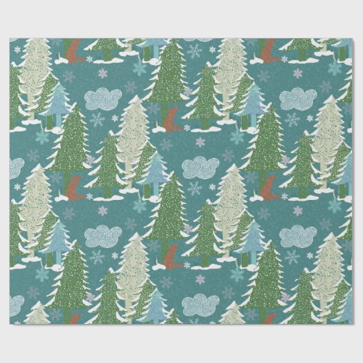 Snowy Trees Red Fox Wrapping Paper Geschenkpapier (Flach)