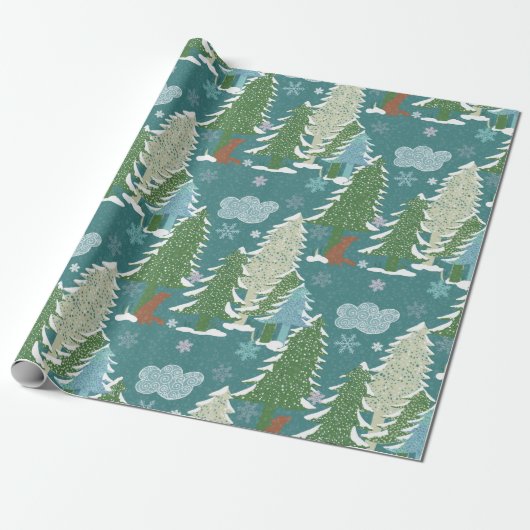 Snowy Trees Red Fox Wrapping Paper Geschenkpapier (Ungerollt)