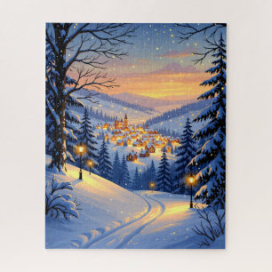 Snowy Village bei Sunset mit Glühbirnen Puzzle