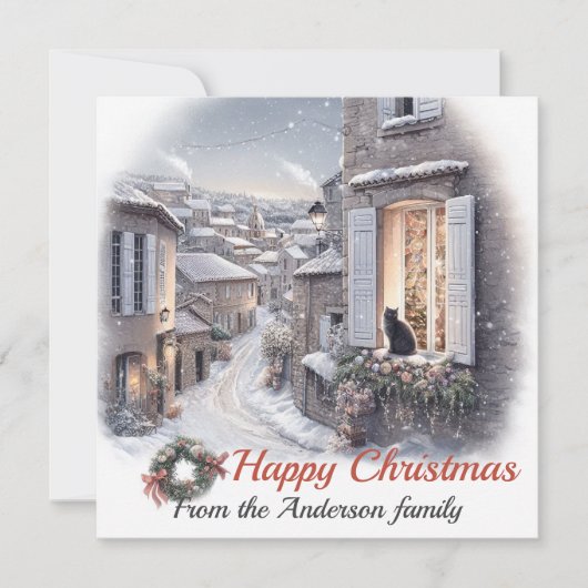 Snowy Village Black Cat Weihnachten (Vorderseite)