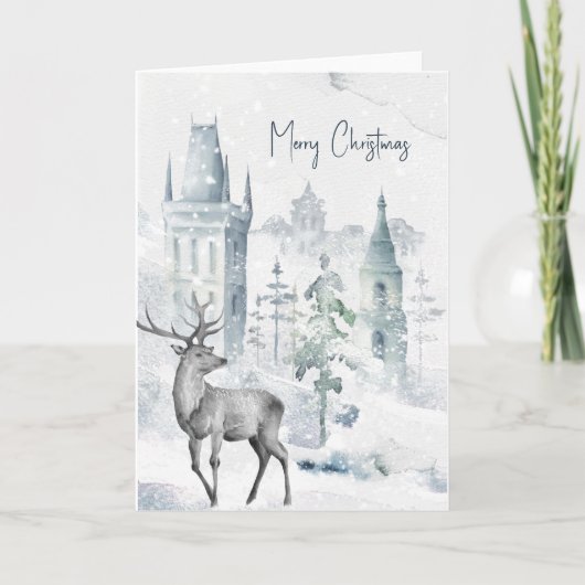 Snowy Village Deer Watercolor Frohe Weihnachten (Vorderseite)