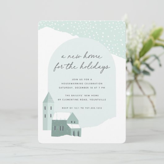 Snowy Village Holiday Housewarming Party Einladung (Stehend Vorderseite)