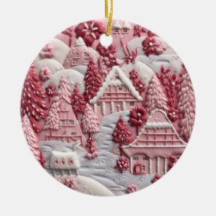 Snowy Village in Blush Tones Keramik Ornament
