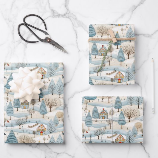 Snowy Village Scene Geschenkpapier Set (Vorderseite)