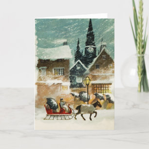 Snowy Village Sleigh Pferd Leere Weihnachtsfeierta Feiertagskarte