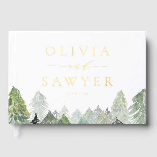 Snowy Watercolor Evergreen Forest Winter Wedding Gästebuch (Vorderseite)
